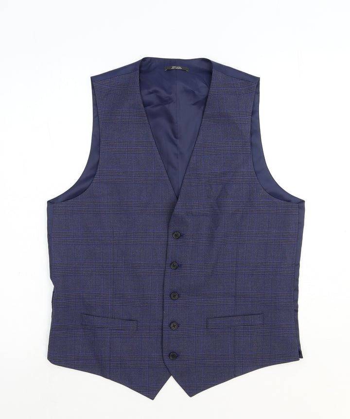Marks and Spencer Mens Blue Plaid Polyester Jacket Suit Waistcoat Size L Regular