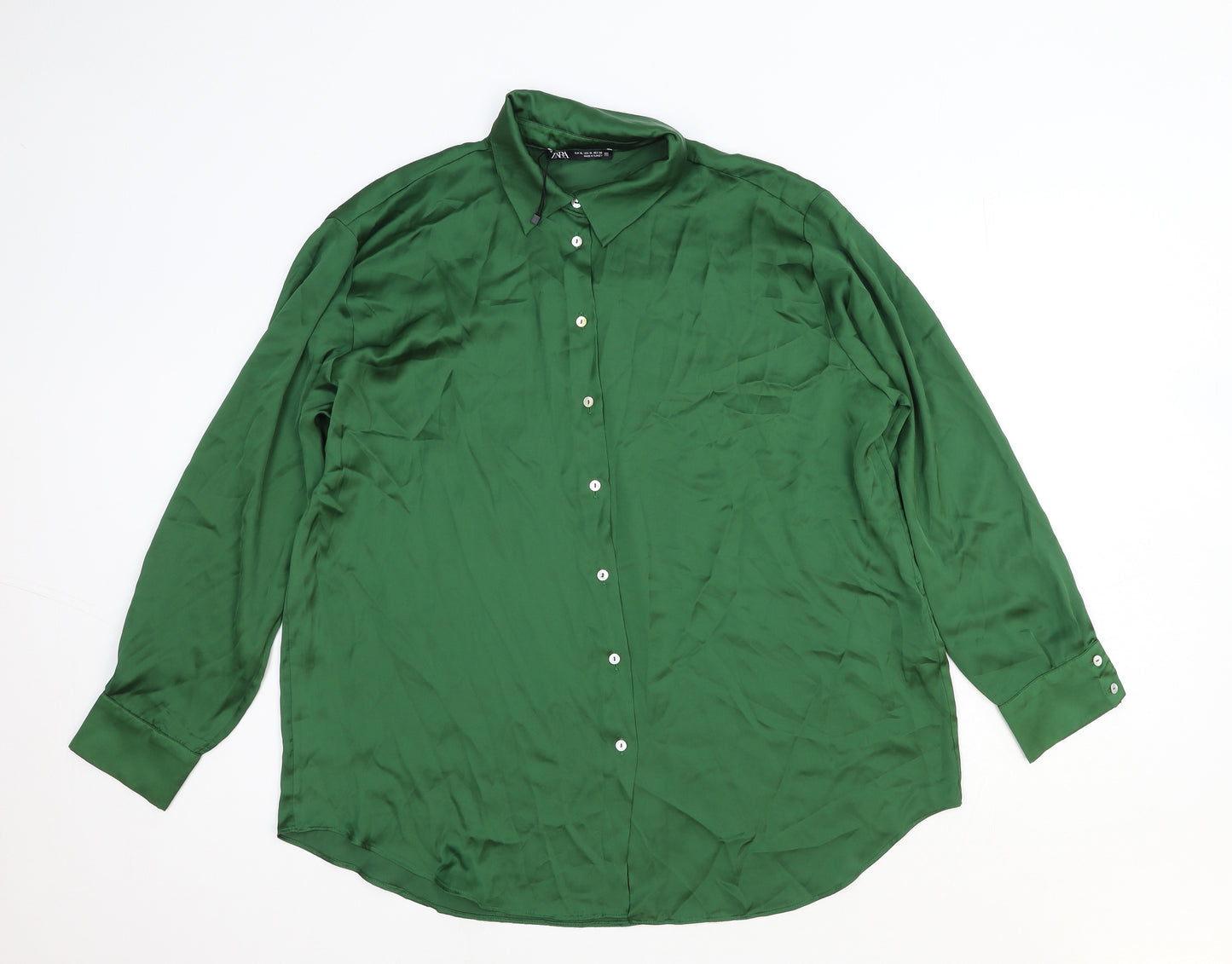 Zara Womens Green Herringbone Polyester Basic Button-Up Size XL Collared
