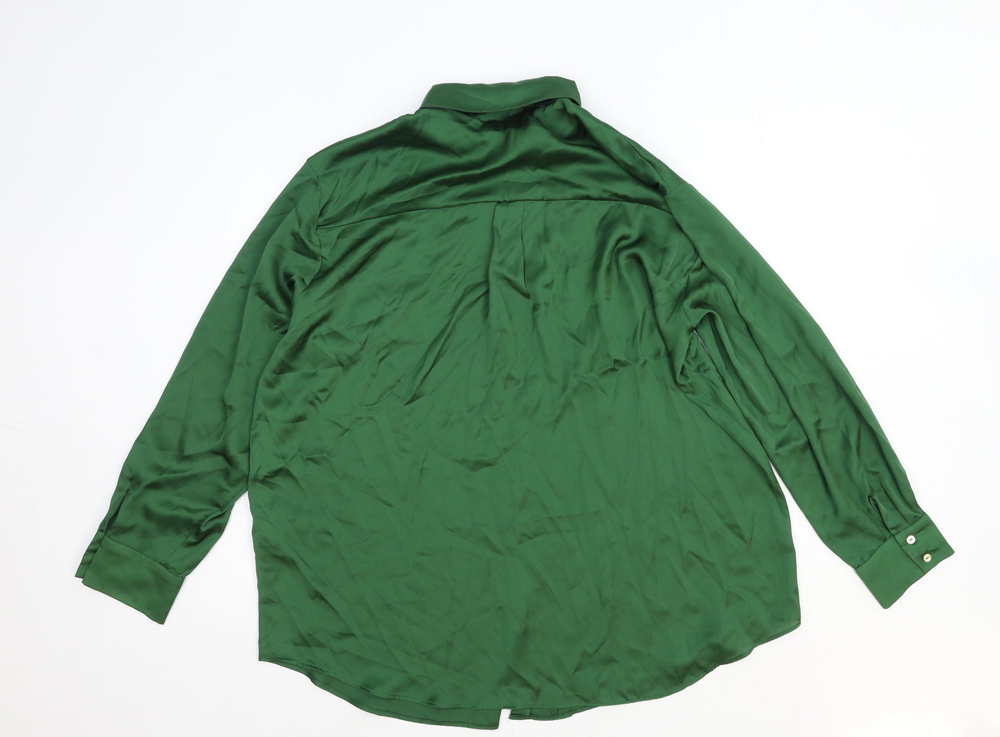 Zara Womens Green Herringbone Polyester Basic Button-Up Size XL Collared