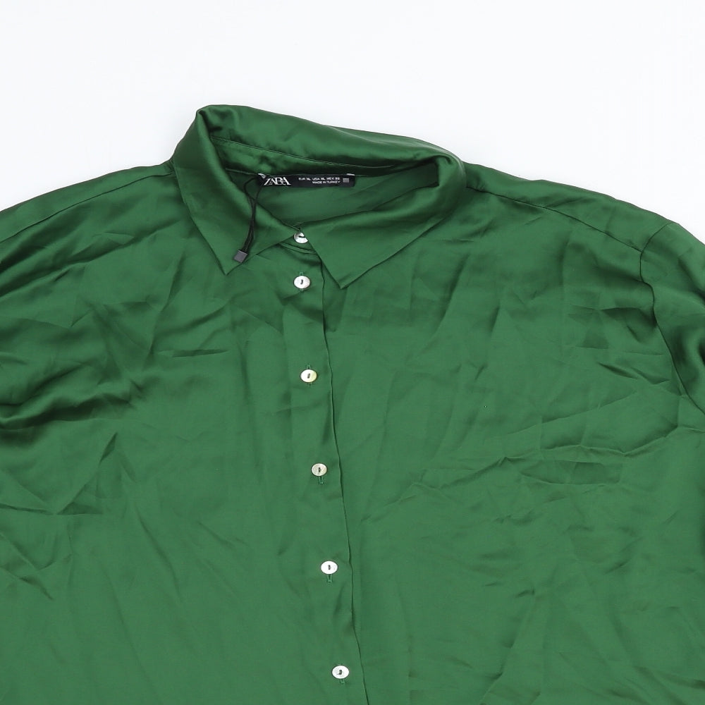 Zara Womens Green Herringbone Polyester Basic Button-Up Size XL Collared