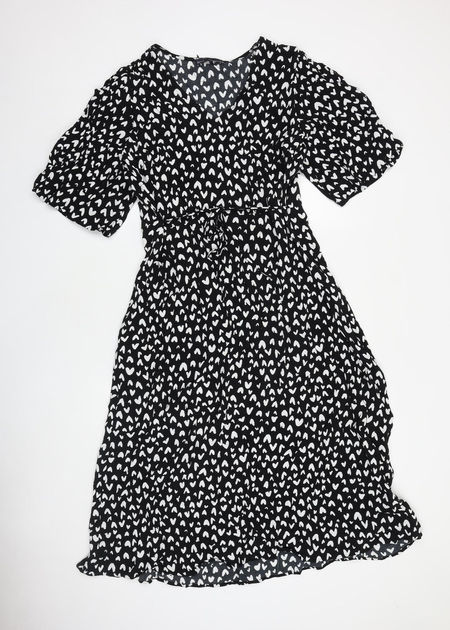 Marks and Spencer Womens Black Geometric Polyester A-Line Size 18 V-Neck Tie - Heart Pattern