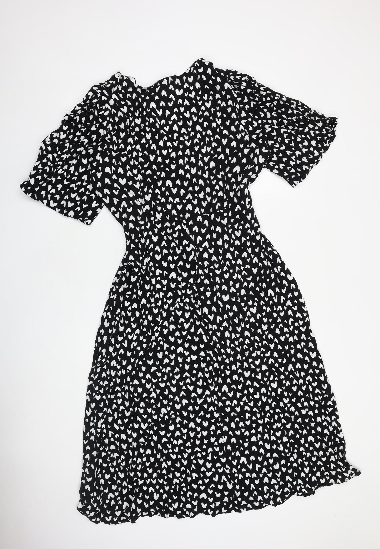 Marks and Spencer Womens Black Geometric Polyester A-Line Size 18 V-Neck Tie - Heart Pattern