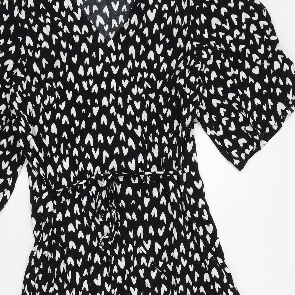 Marks and Spencer Womens Black Geometric Polyester A-Line Size 18 V-Neck Tie - Heart Pattern
