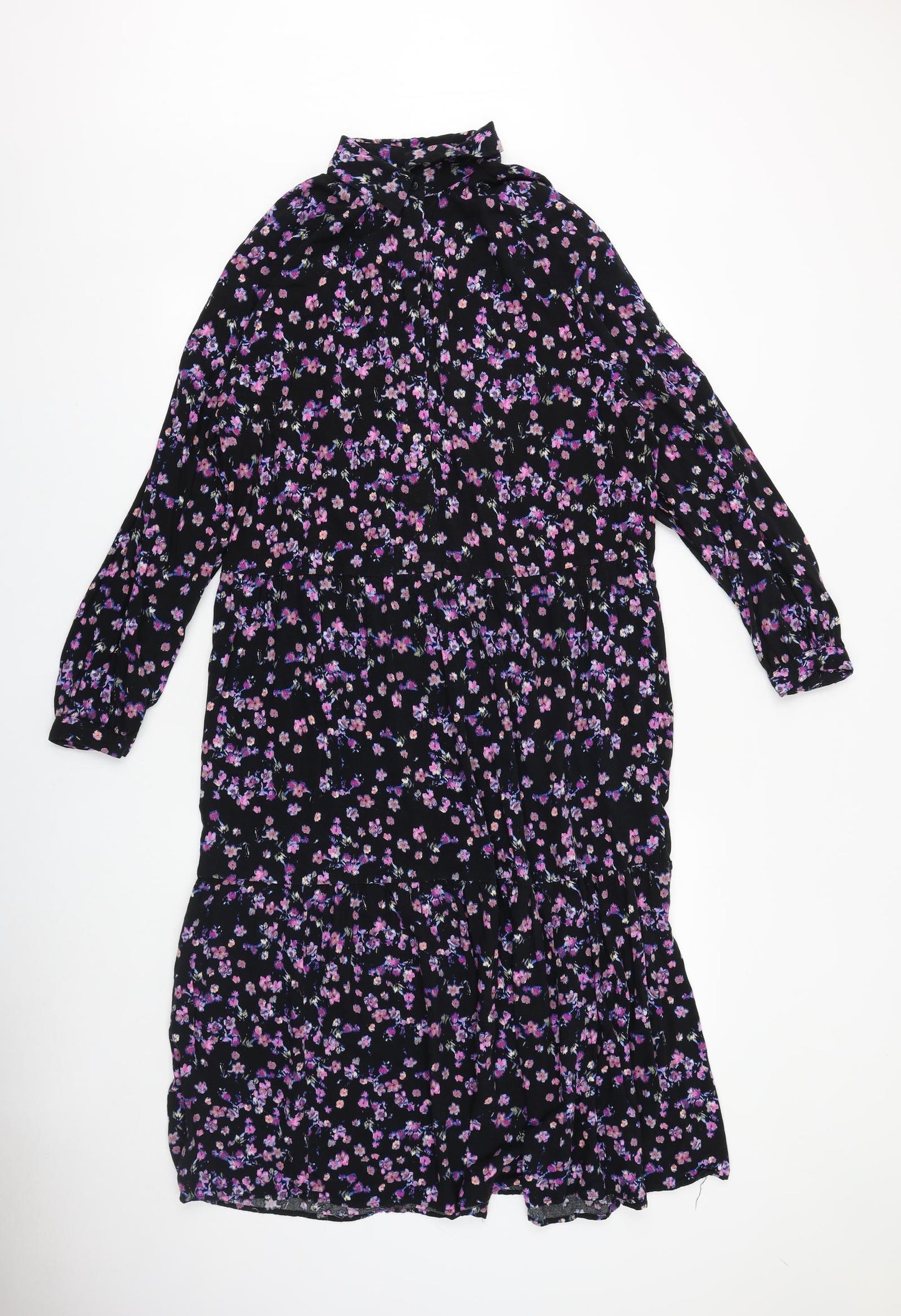 H&M Womens Black Floral Viscose Shirt Dress Size M Collared Button