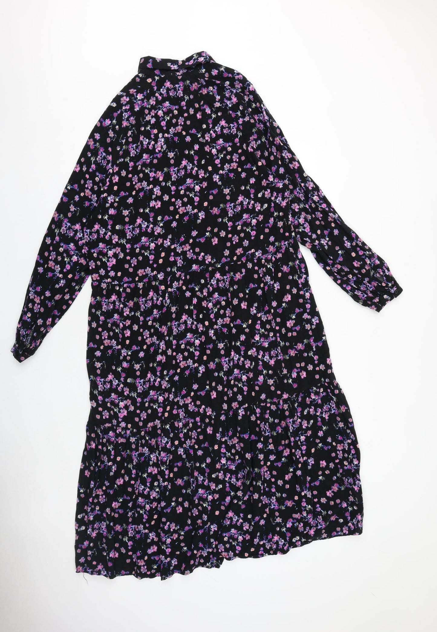 H&M Womens Black Floral Viscose Shirt Dress Size M Collared Button