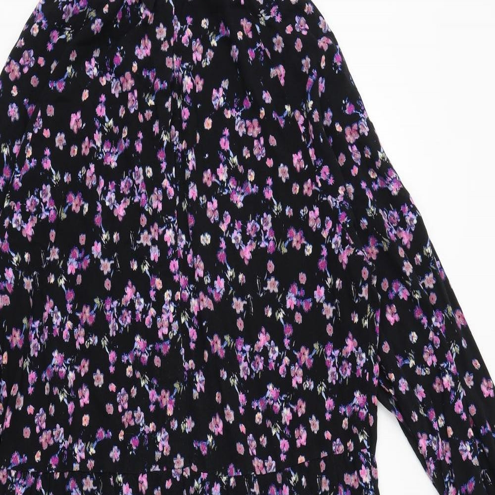 H&M Womens Black Floral Viscose Shirt Dress Size M Collared Button