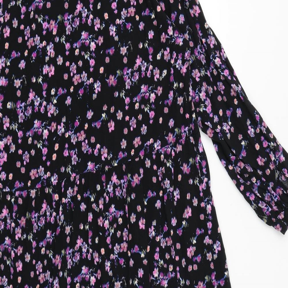 H&M Womens Black Floral Viscose Shirt Dress Size M Collared Button