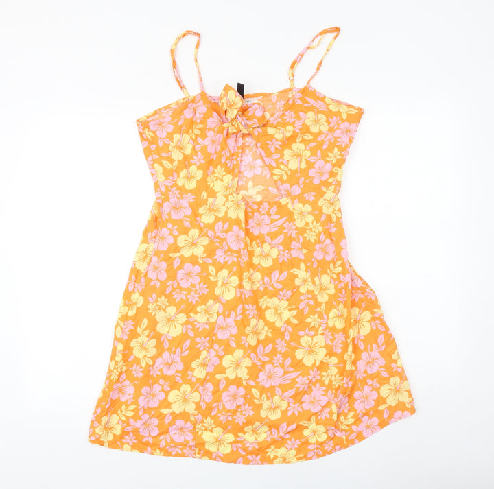 H&M Womens Orange Floral Viscose Mini Size 14 V-Neck Zip