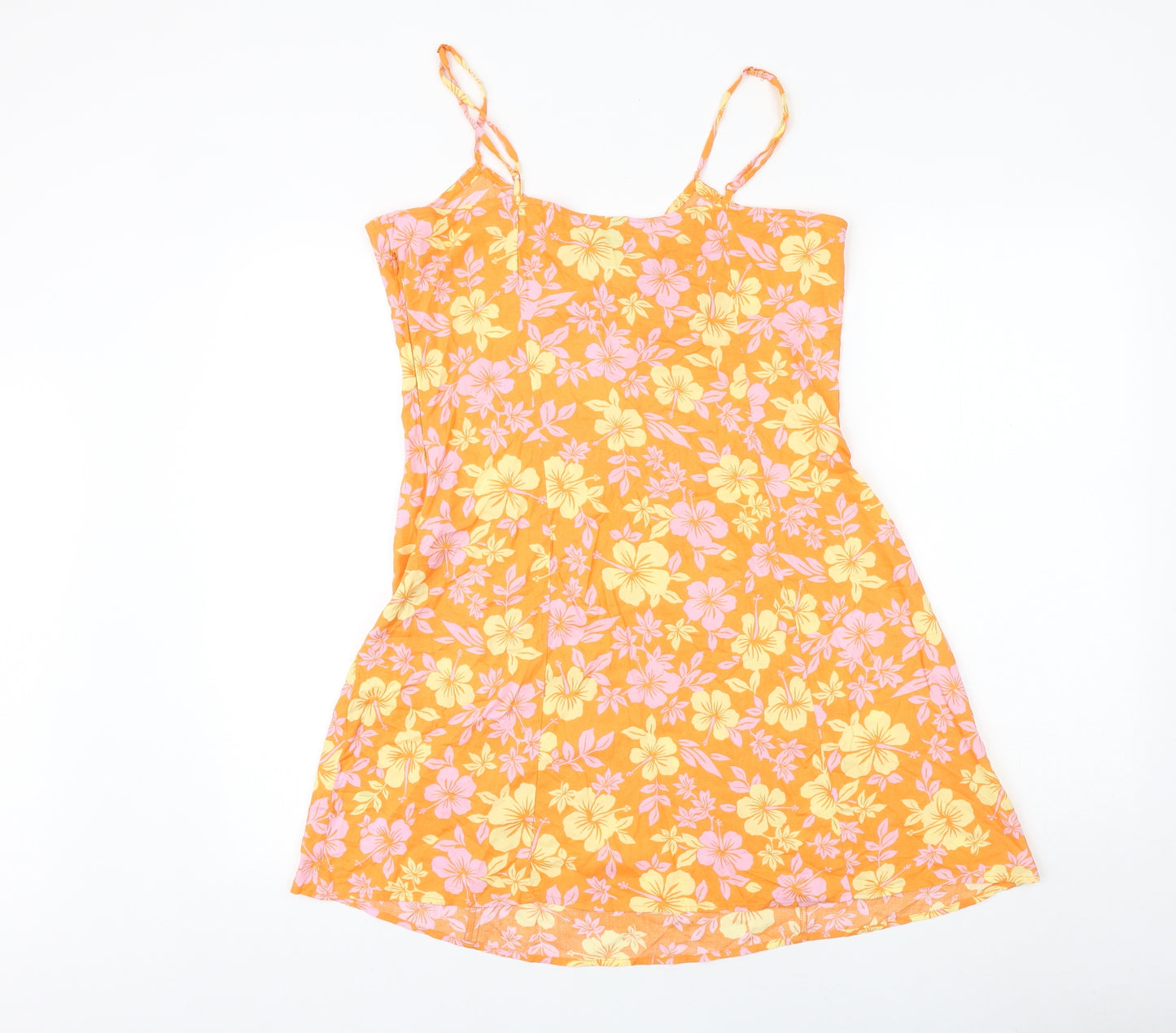H&M Womens Orange Floral Viscose Mini Size 14 V-Neck Zip