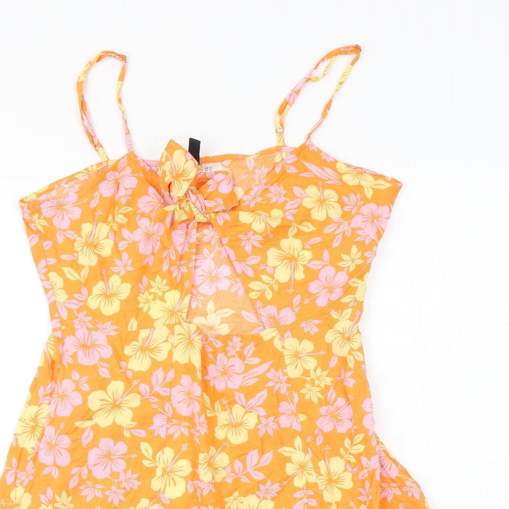 H&M Womens Orange Floral Viscose Mini Size 14 V-Neck Zip
