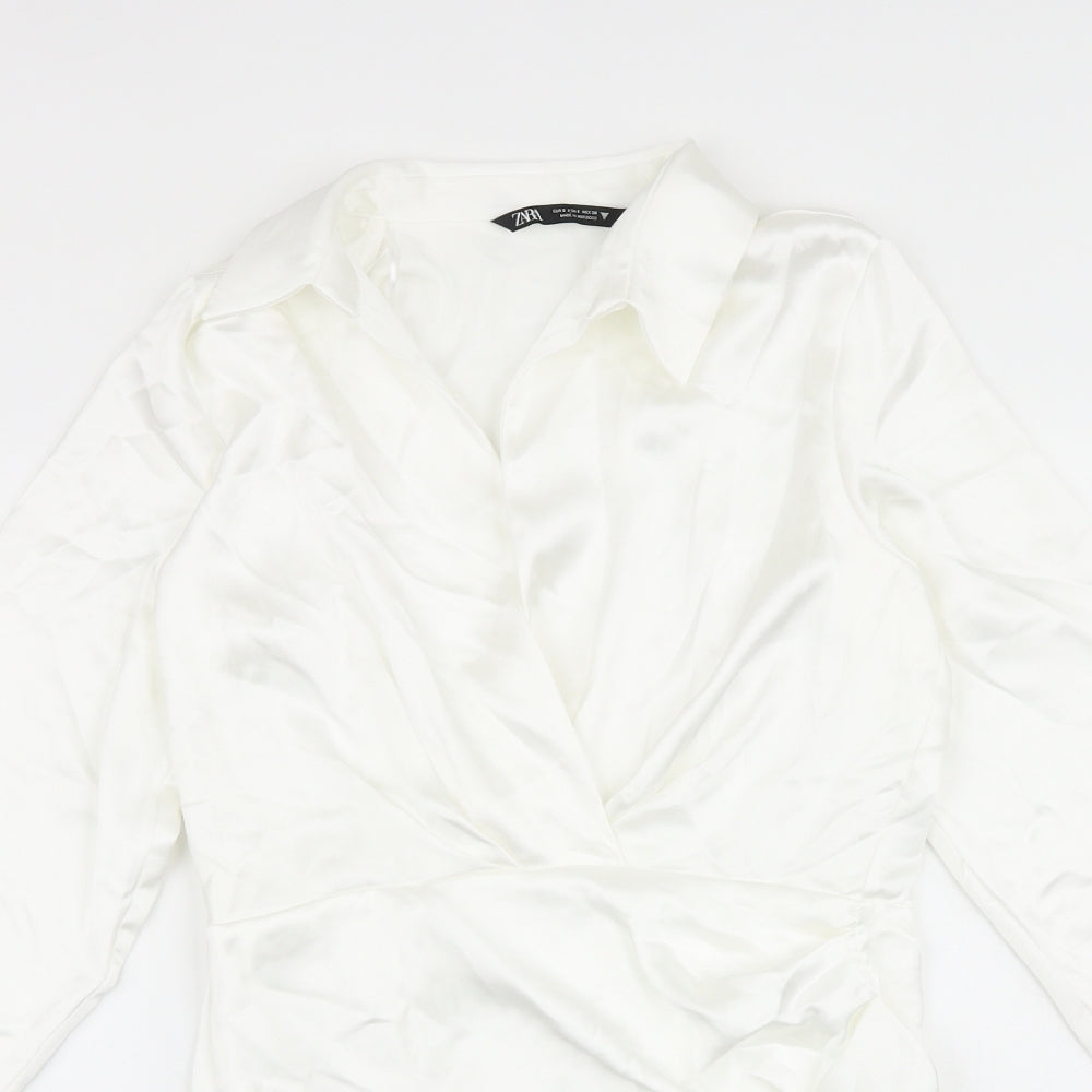 Zara Womens White Polyester A-Line Size S Collared Zip