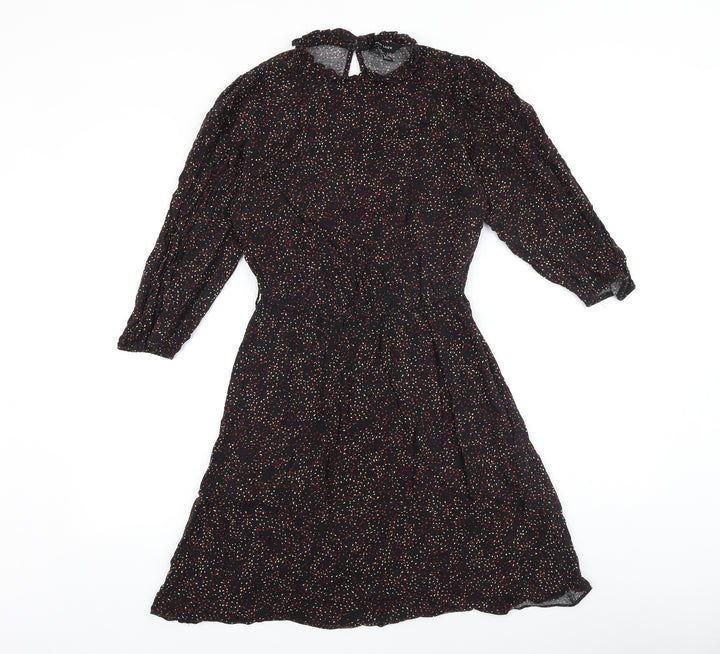 New Look Womens Black Geometric Viscose Fit & Flare Size 10 Round Neck Button
