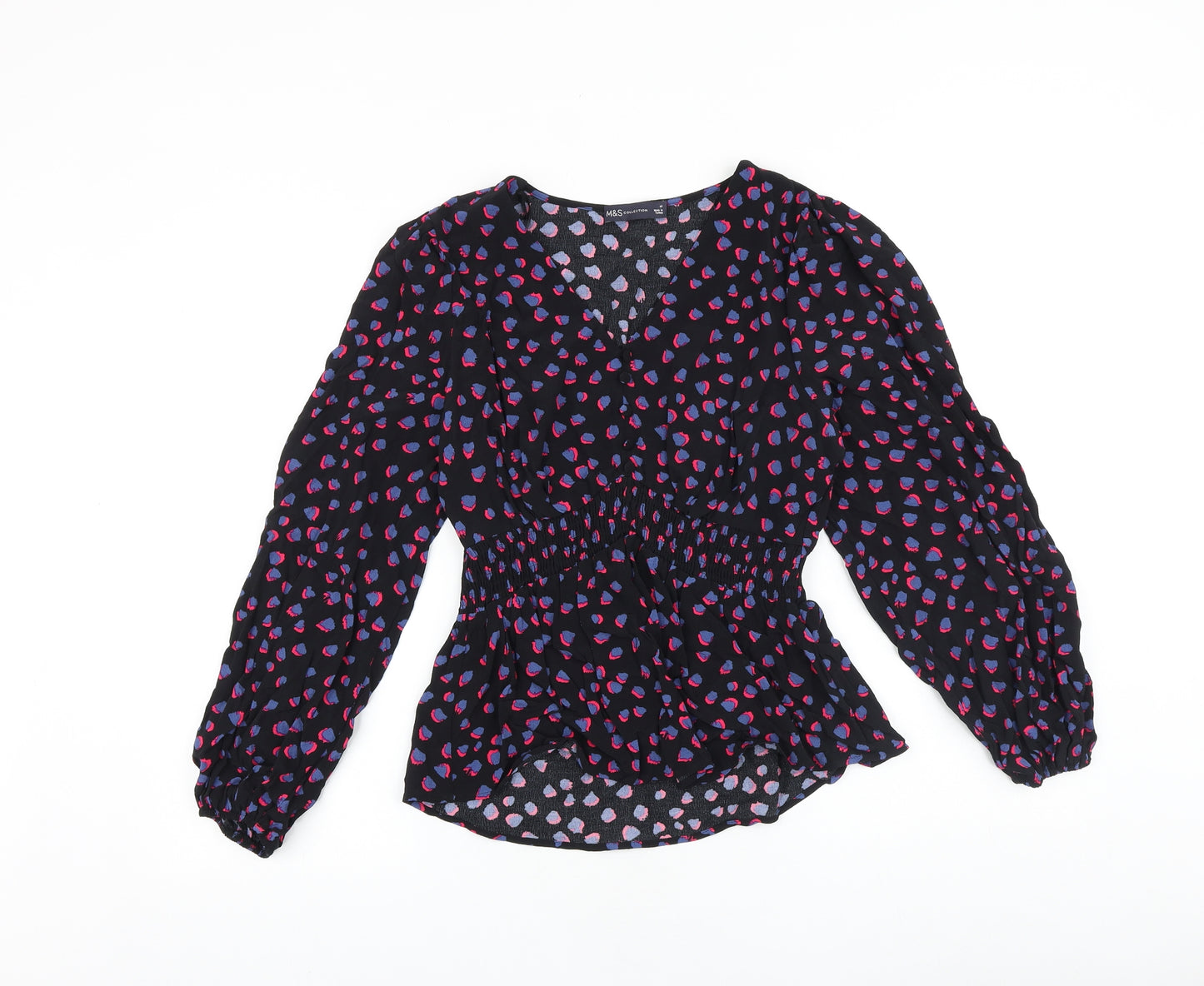 Marks and Spencer Womens Black Geometric Polyester Basic Blouse Size 10 V-Neck