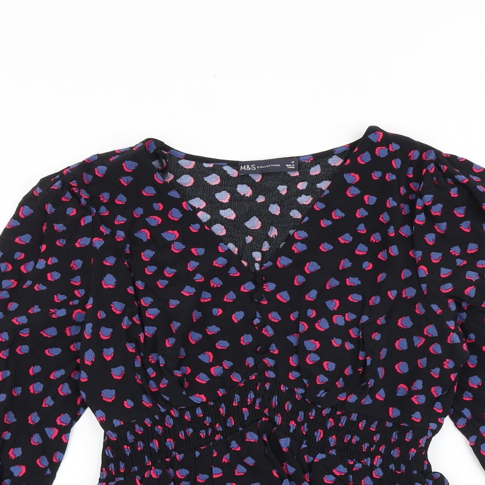 Marks and Spencer Womens Black Geometric Polyester Basic Blouse Size 10 V-Neck