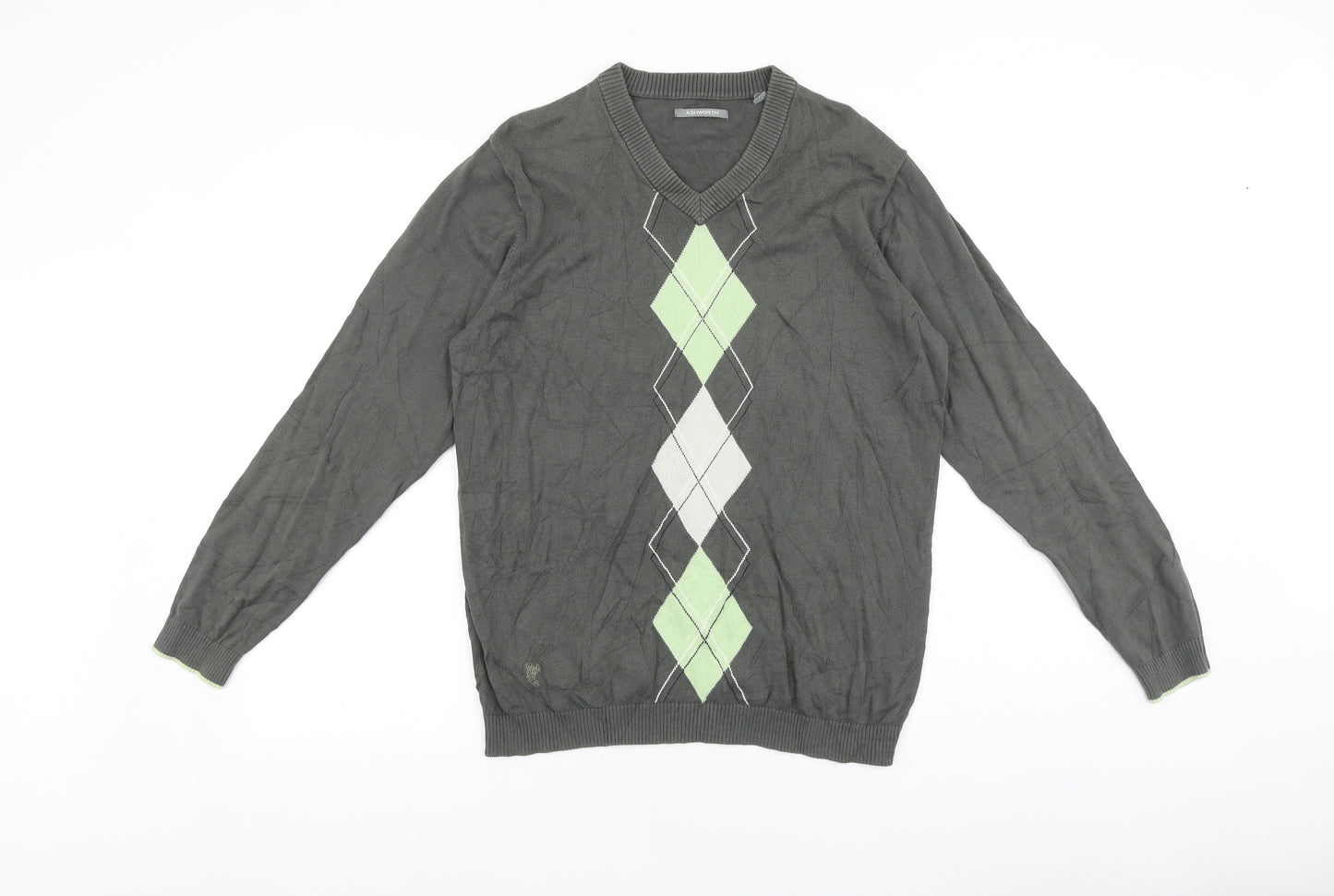 Ashworth Mens Green V-Neck Cotton Pullover Jumper Size M Long Sleeve