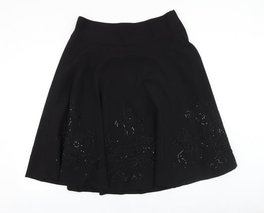 Front view of New Look women’s black geometric polyester swing skirt, size UK 34, in zip
