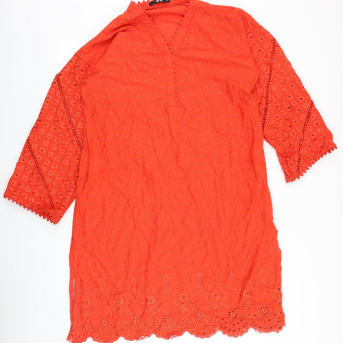 Preworn Womens Orange Geometric Acetate Kaftan Size 14 V-Neck Pullover