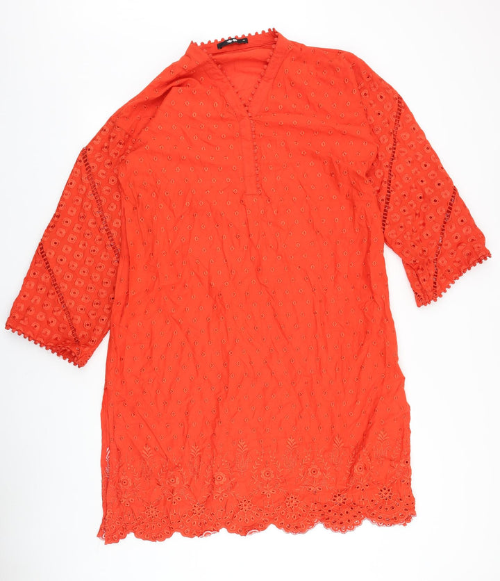 Preworn Womens Orange Geometric Acetate Kaftan Size 14 V-Neck Pullover