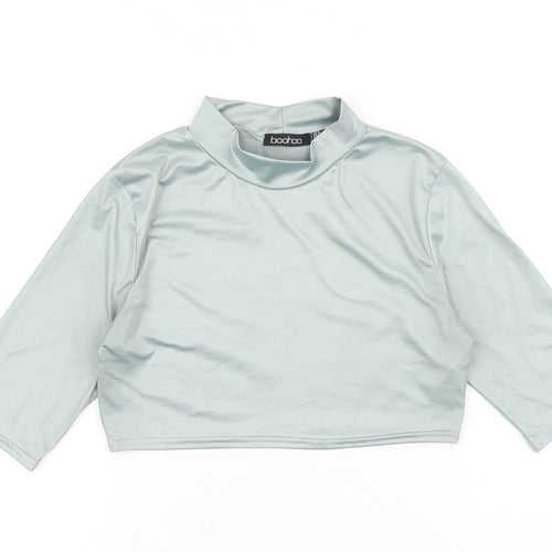 Boohoo Womens Green Polyester Cropped T-Shirt Size 10 Mock Neck
