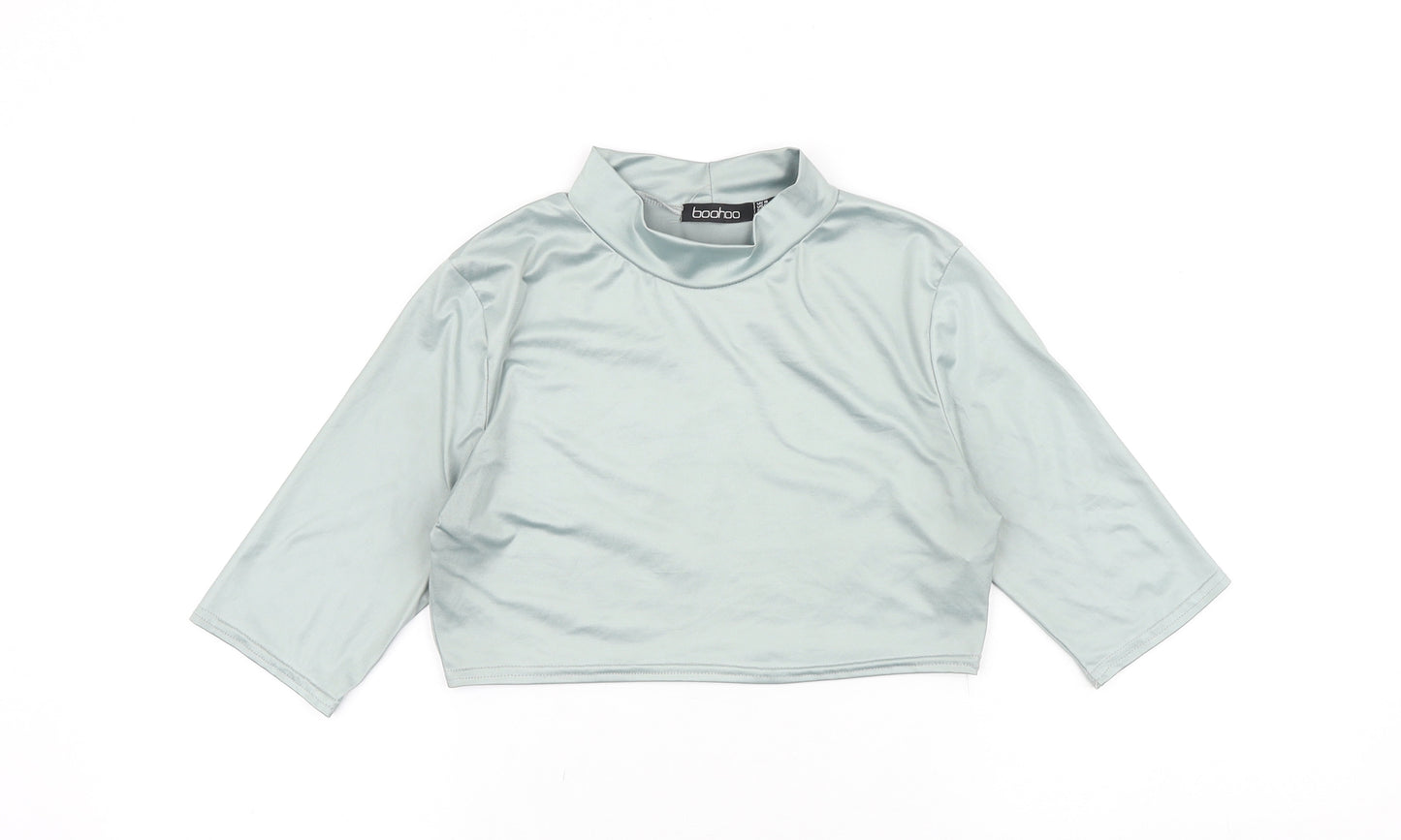 Boohoo Womens Green Polyester Cropped T-Shirt Size 10 Mock Neck