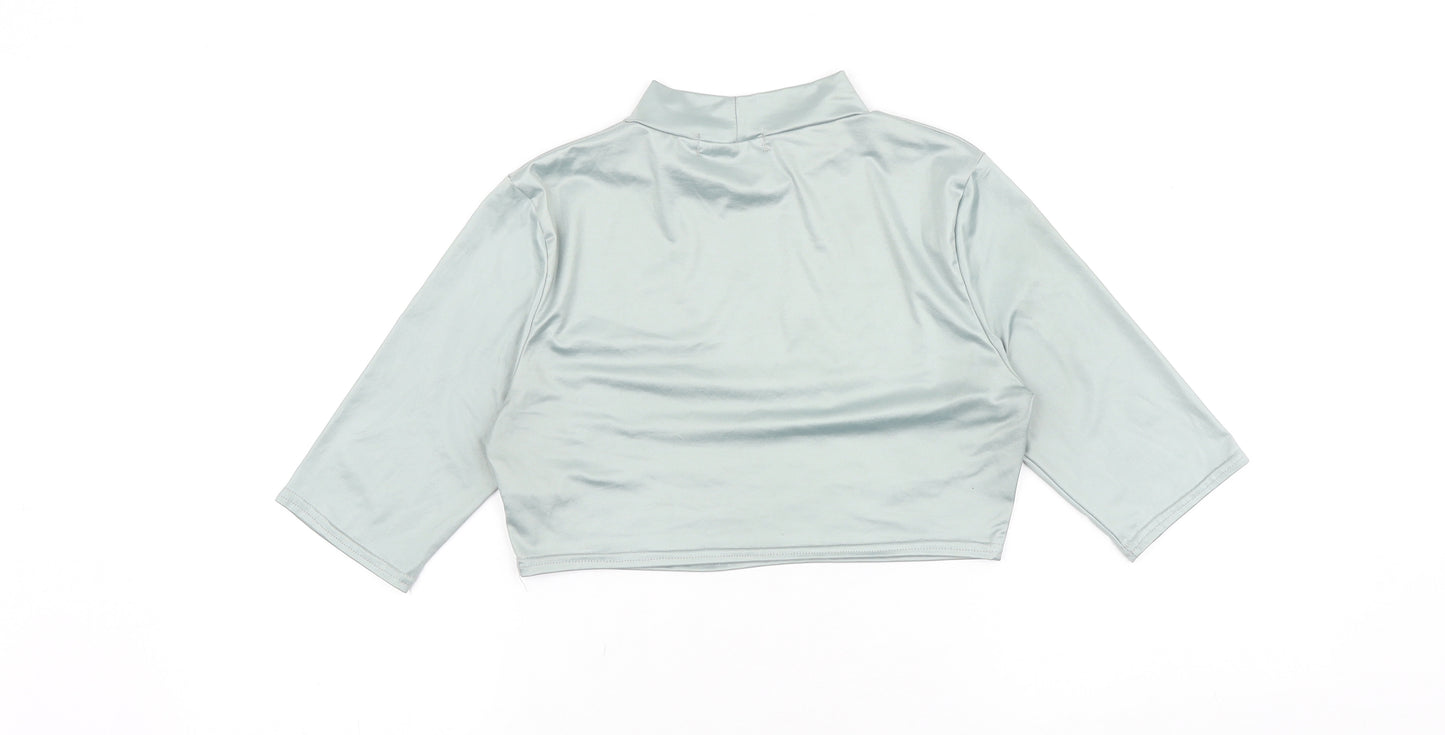Boohoo Womens Green Polyester Cropped T-Shirt Size 10 Mock Neck