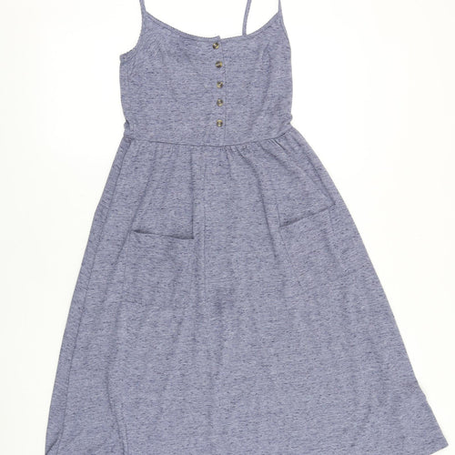 Topshop Womens Blue Cotton Tank Dress Size 6 Scoop Neck Button