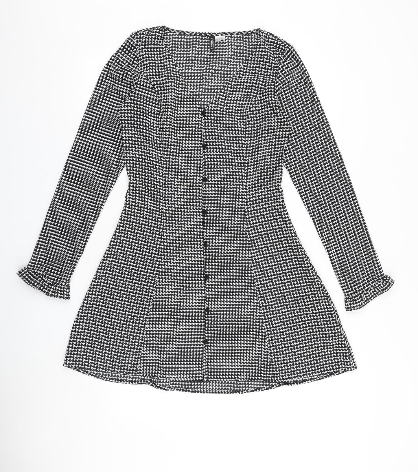 H&M Womens Black Houndstooth Polyester A-Line Size 10 V-Neck Button