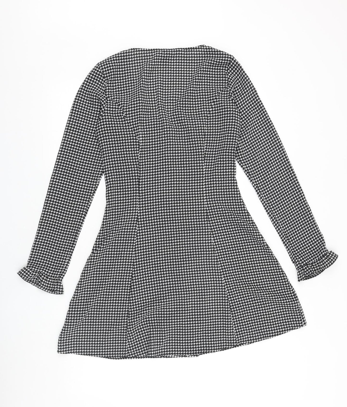 H&M Womens Black Houndstooth Polyester A-Line Size 10 V-Neck Button