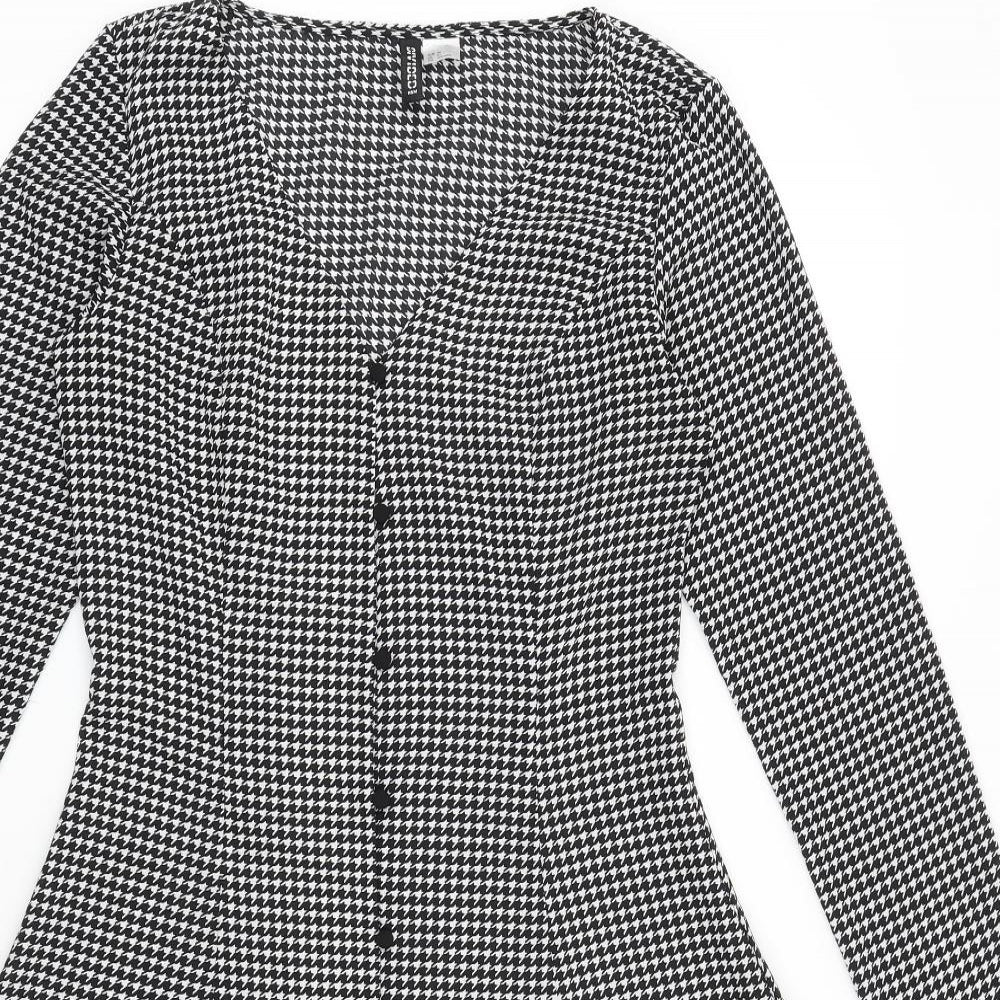 H&M Womens Black Houndstooth Polyester A-Line Size 10 V-Neck Button