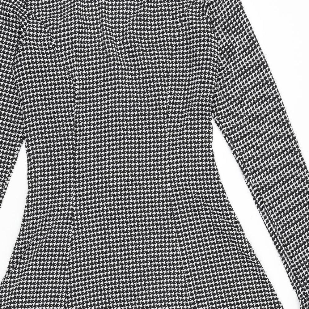 H&M Womens Black Houndstooth Polyester A-Line Size 10 V-Neck Button