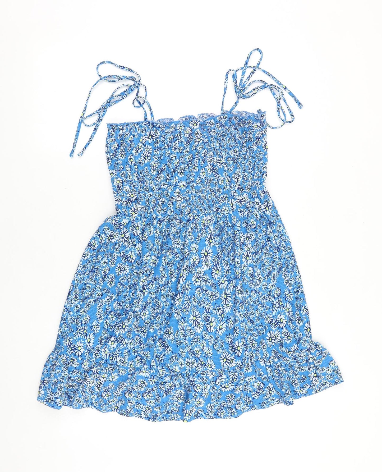 Topshop Womens Blue Floral 100% Cotton Fit & Flare Size 10 Square Neck Tie - Tie Shoulder Detail