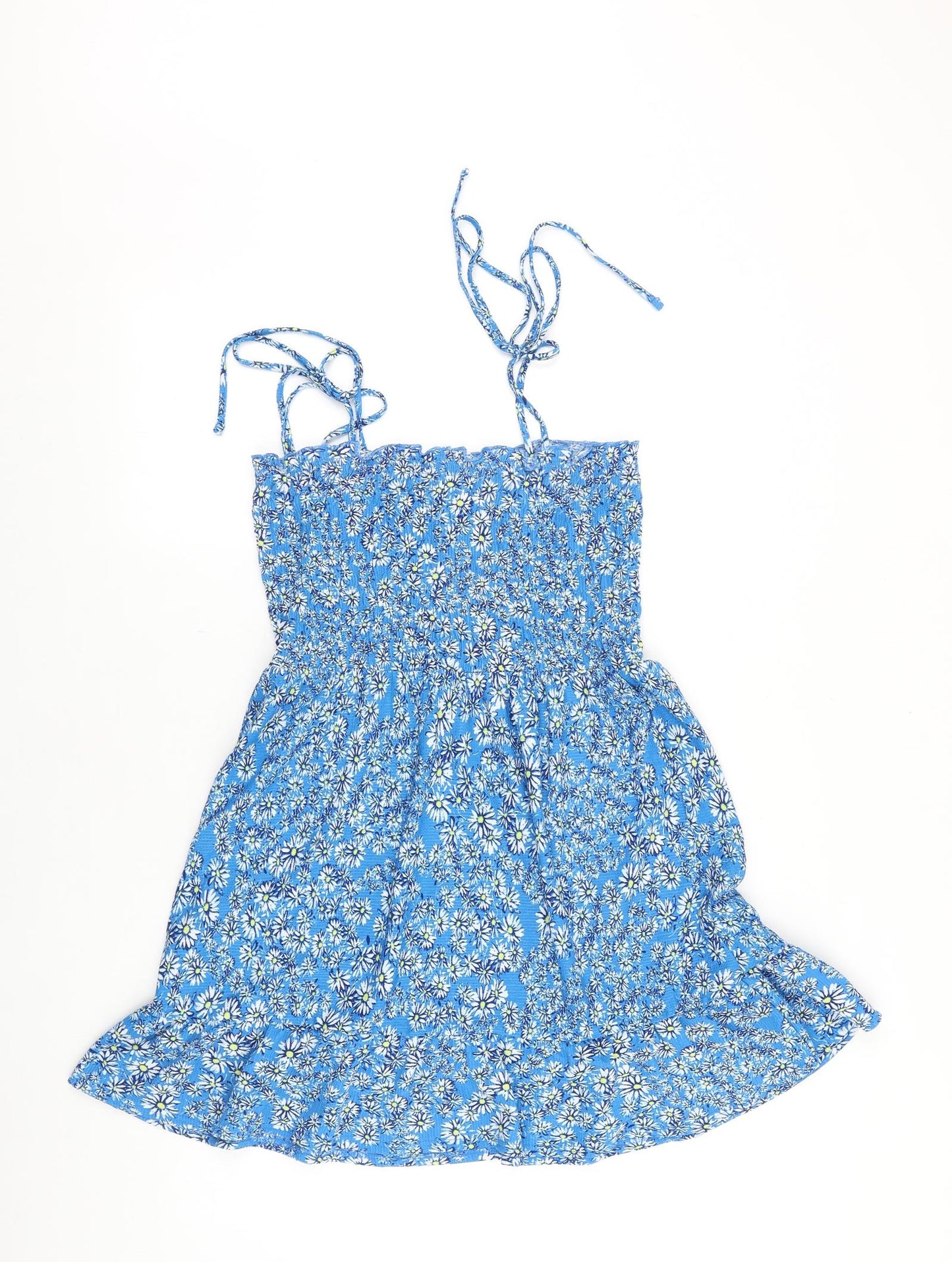 Topshop Womens Blue Floral 100% Cotton Fit & Flare Size 10 Square Neck Tie - Tie Shoulder Detail