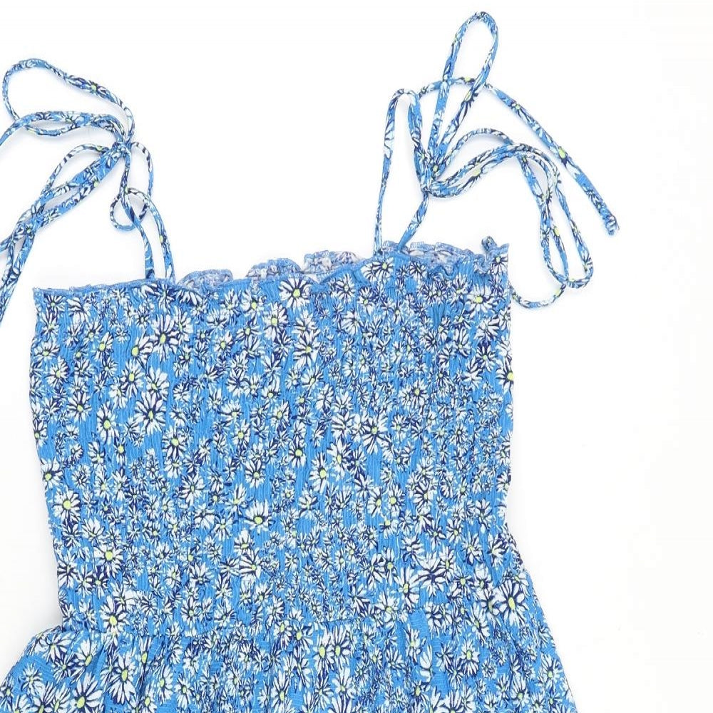 Topshop Womens Blue Floral 100% Cotton Fit & Flare Size 10 Square Neck Tie - Tie Shoulder Detail