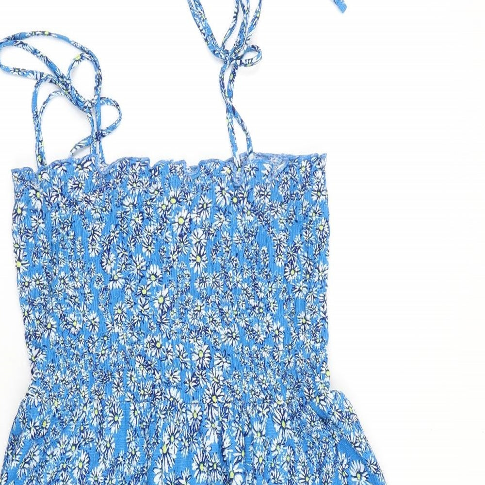Topshop Womens Blue Floral 100% Cotton Fit & Flare Size 10 Square Neck Tie - Tie Shoulder Detail
