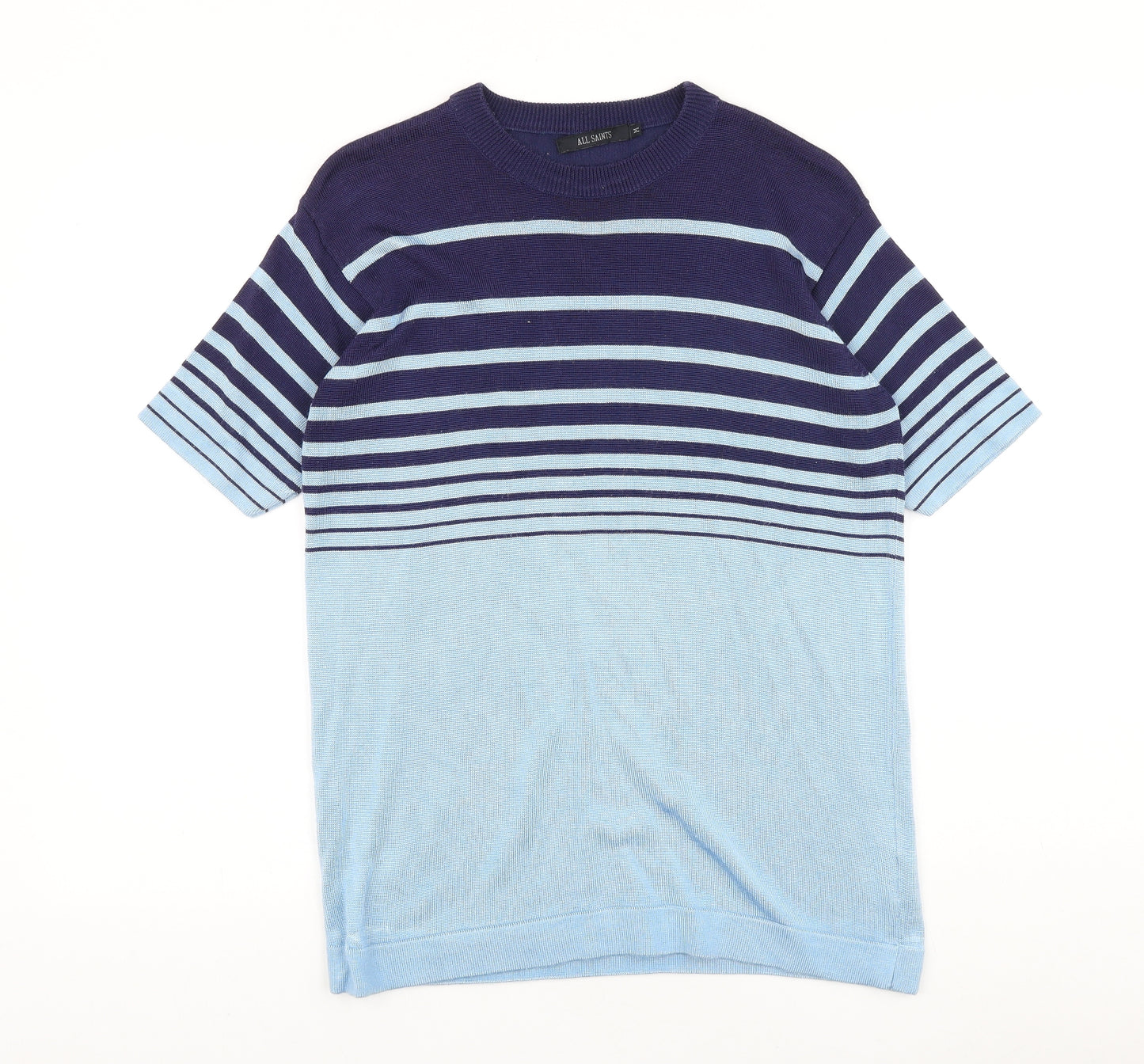 AllSaints Mens Blue Striped Cotton T-Shirt Size M Round Neck