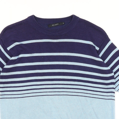AllSaints Mens Blue Striped Cotton T-Shirt Size M Round Neck