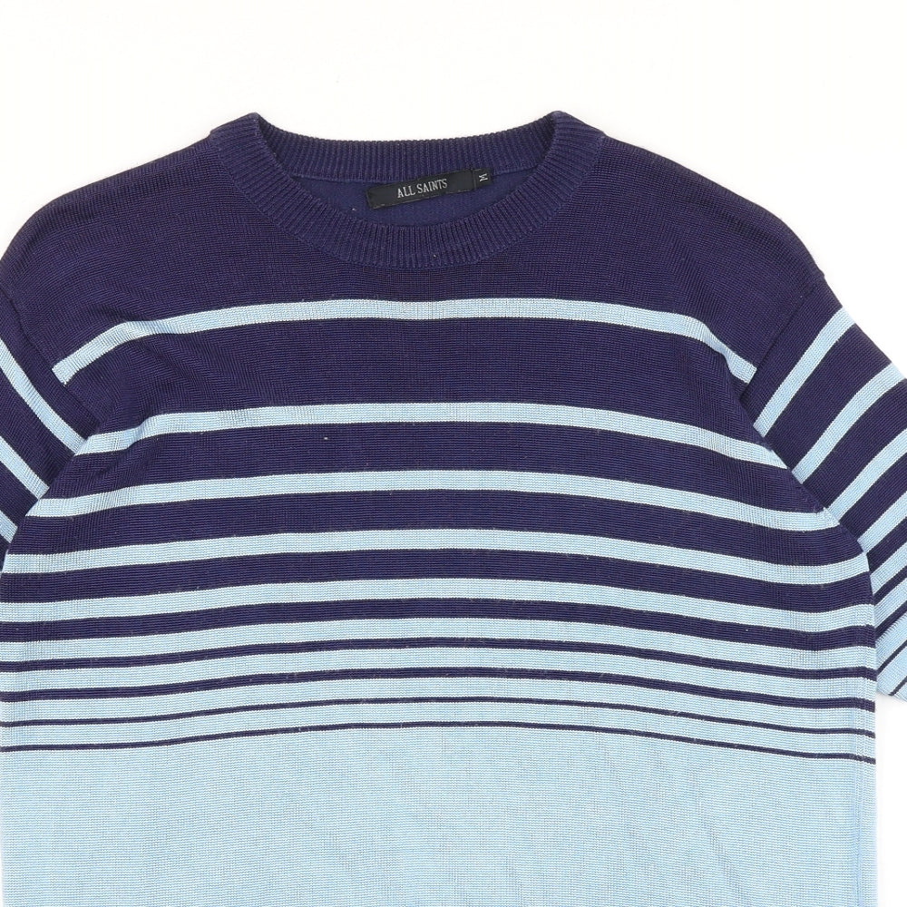 AllSaints Mens Blue Striped Cotton T-Shirt Size M Round Neck
