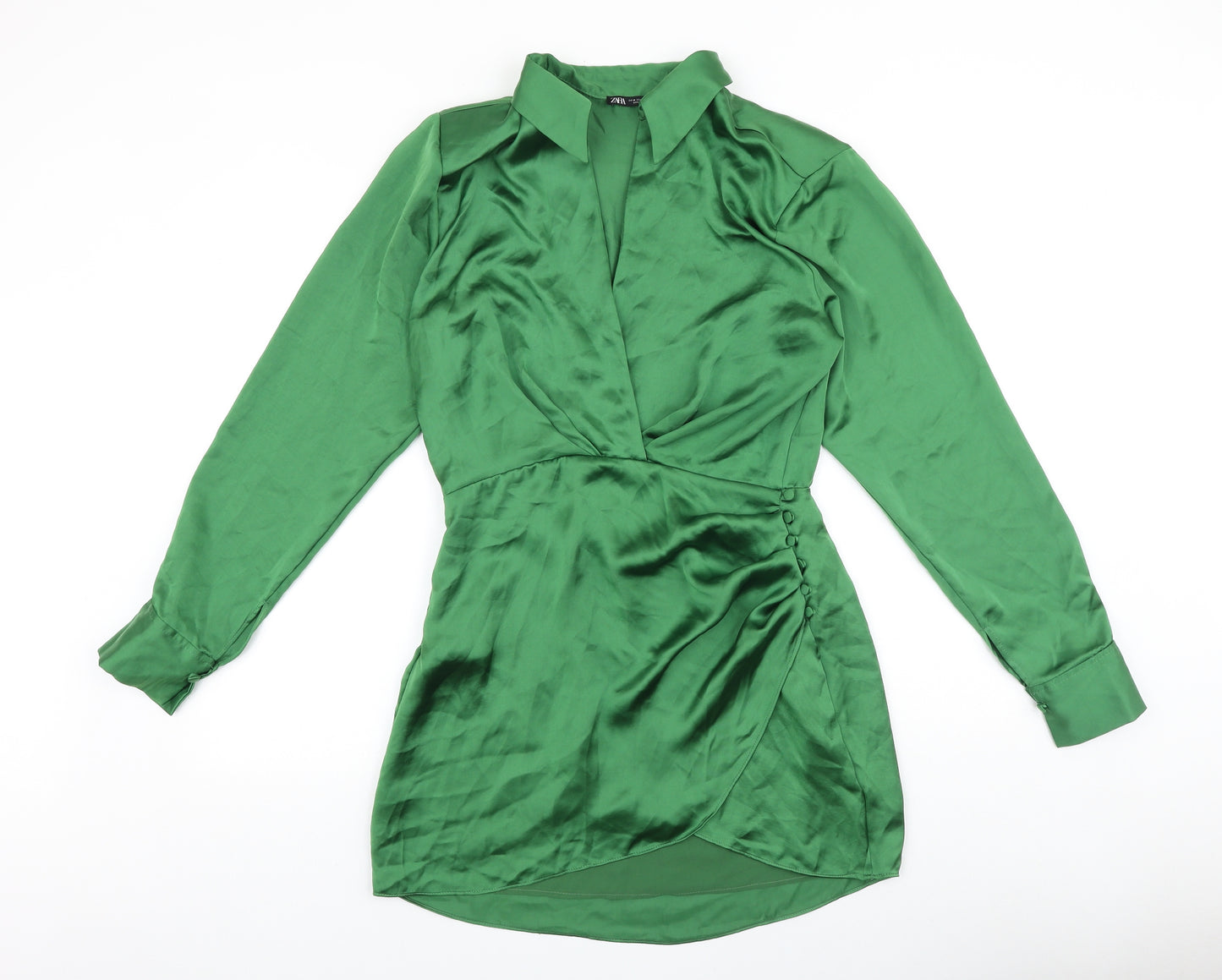 Zara Womens Green Polyester Shirt Dress Size M Collared Zip - V neck