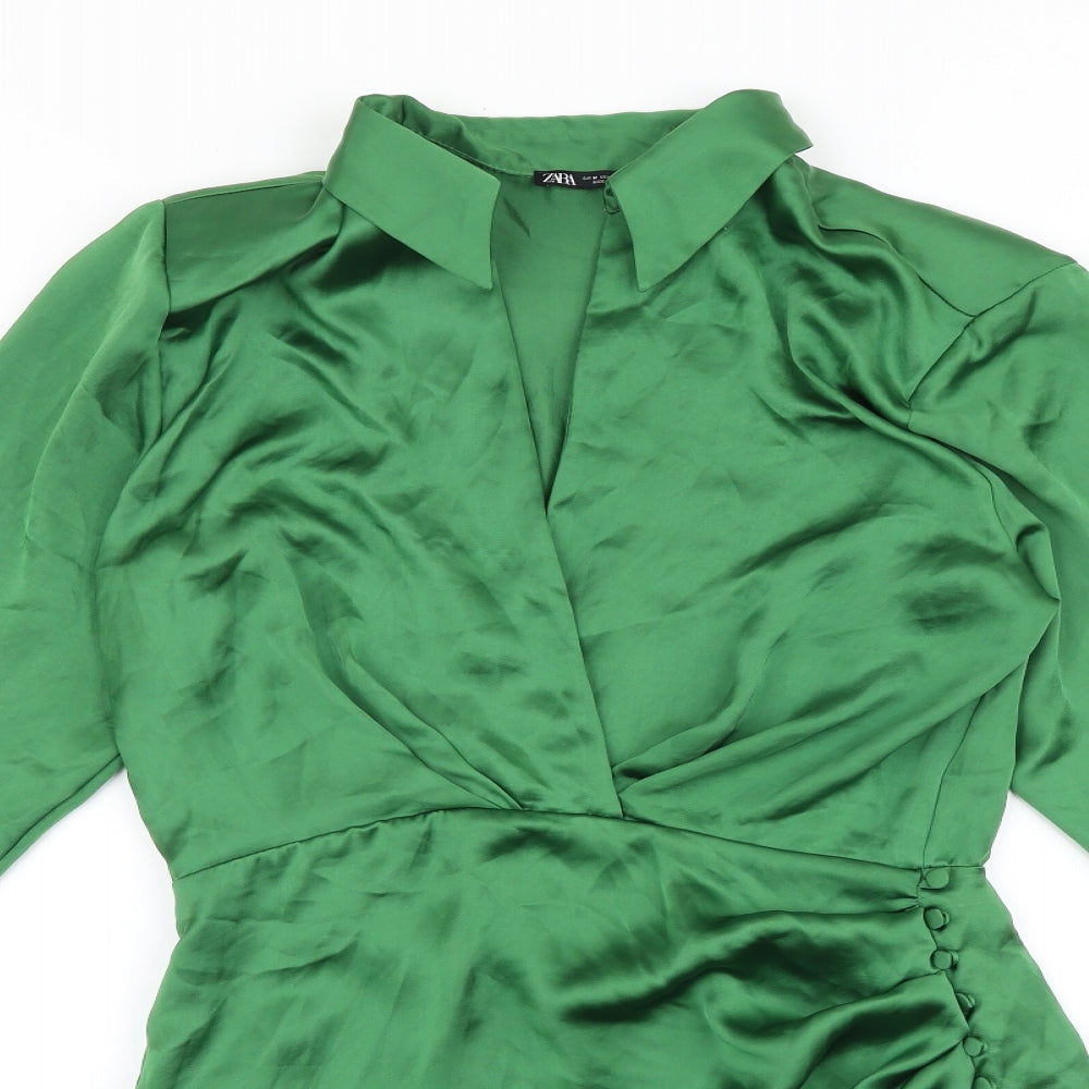 Zara Womens Green Polyester Shirt Dress Size M Collared Zip - V neck
