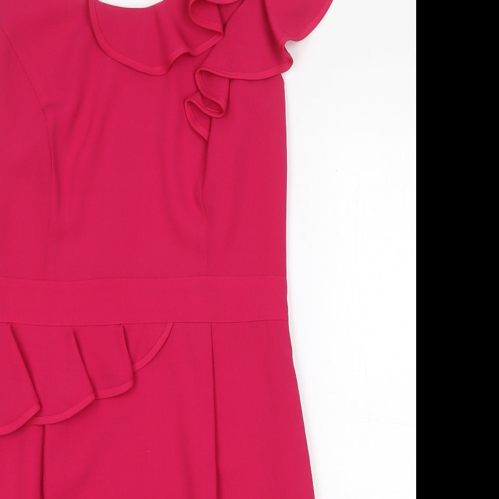 Marks and Spencer Womens Pink Polyester Pencil Dress Size 14 Round Neck Zip