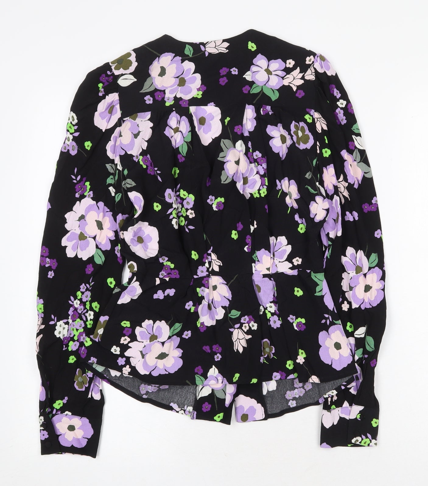 Marks and Spencer Womens Black Floral Viscose Basic Blouse Size 6 V-Neck