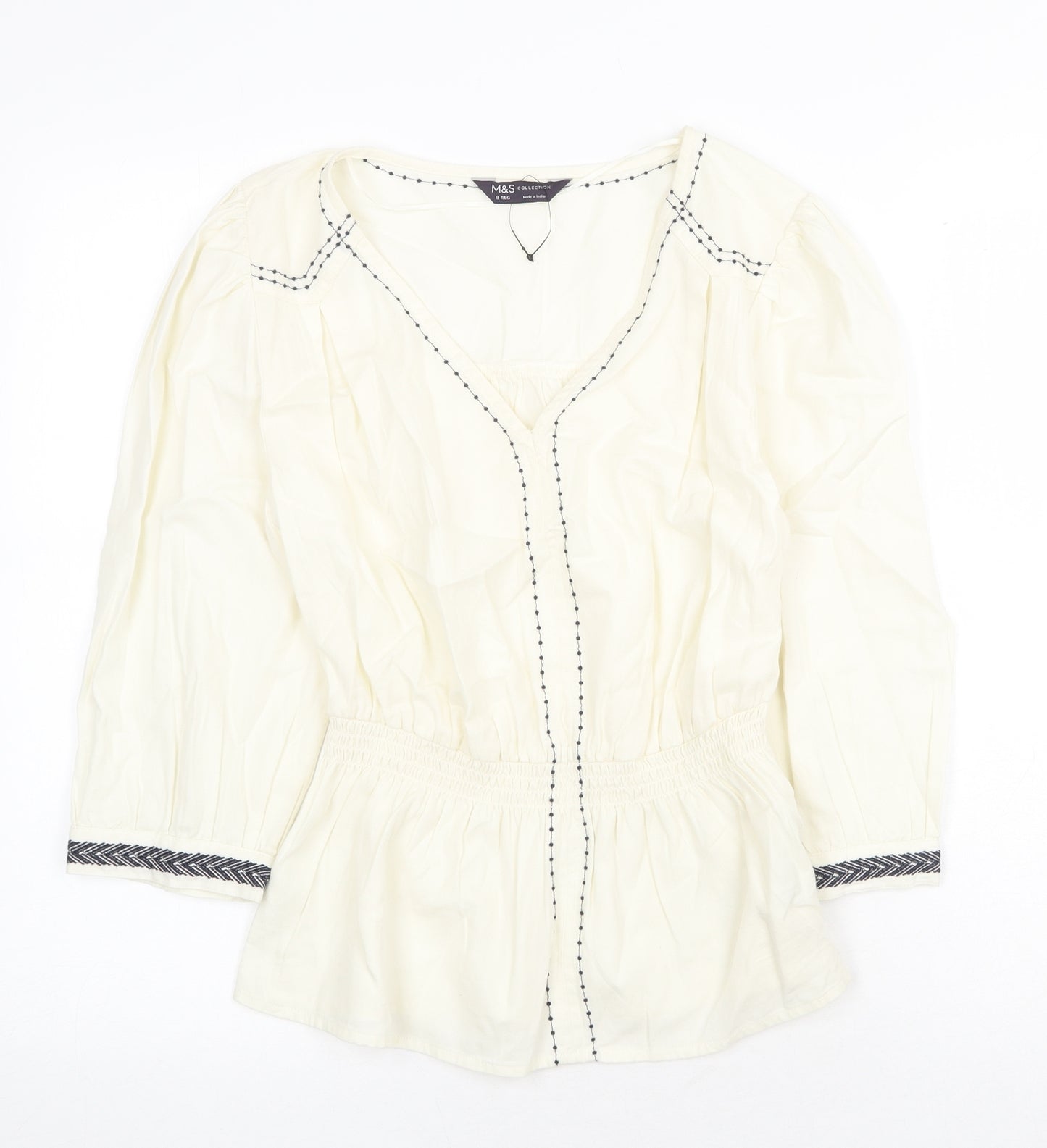 Marks and Spencer Womens Ivory 100% Cotton Basic Blouse Size 8 V-Neck