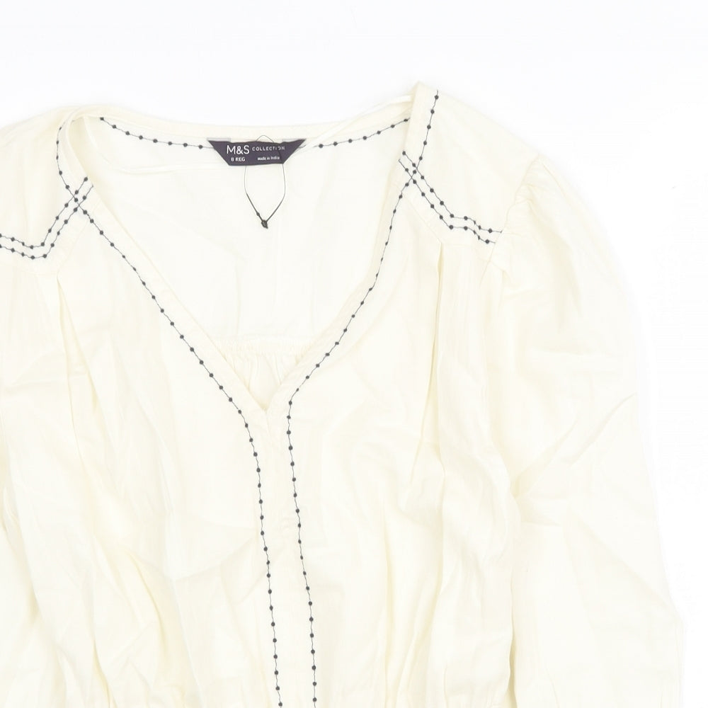 Marks and Spencer Womens Ivory 100% Cotton Basic Blouse Size 8 V-Neck