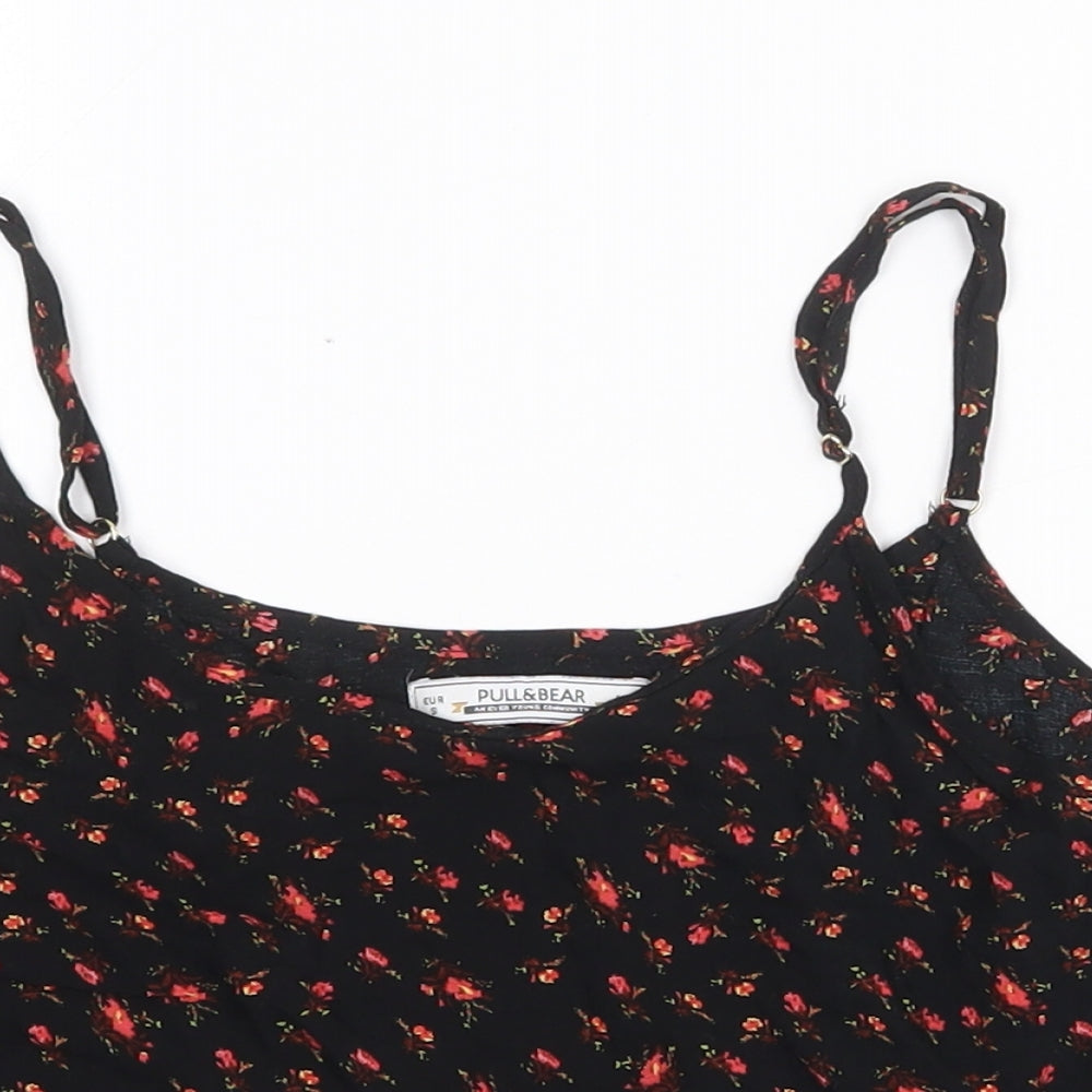 Pull&Bear Womens Black Floral Polyester Camisole Tank Size S V-Neck