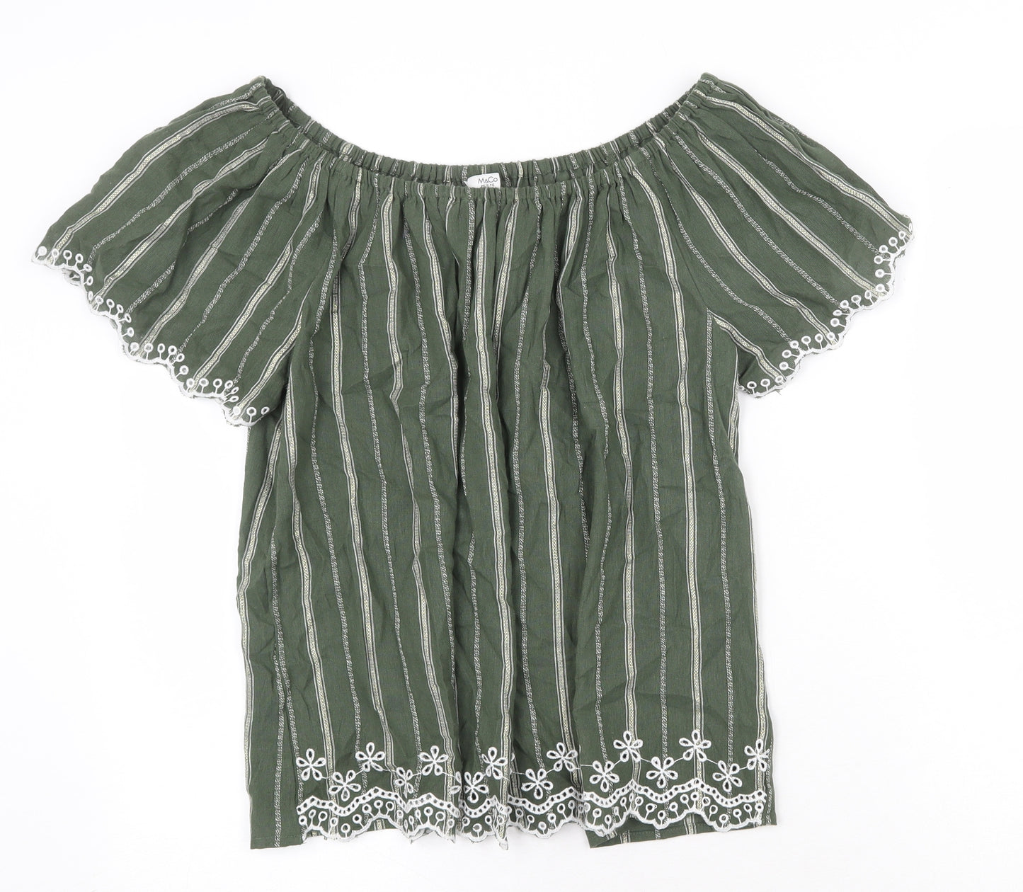 M&Co Womens Green Striped Cotton Basic Blouse Size 12 Boat Neck