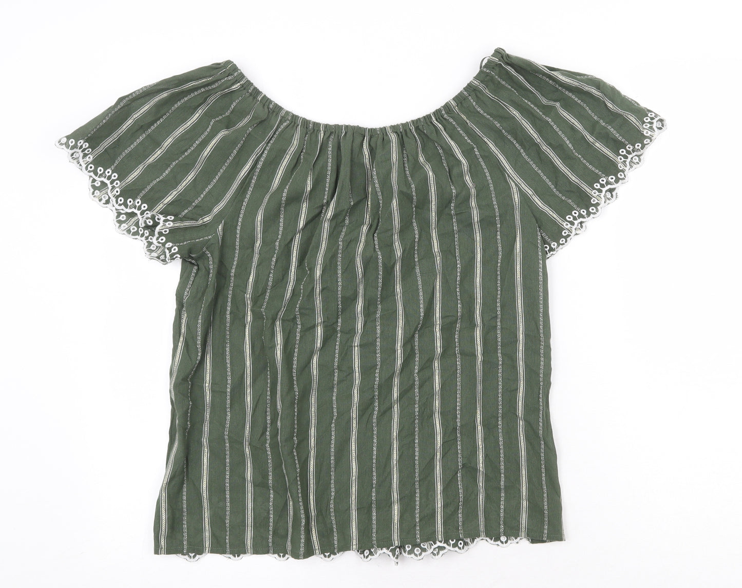 M&Co Womens Green Striped Cotton Basic Blouse Size 12 Boat Neck