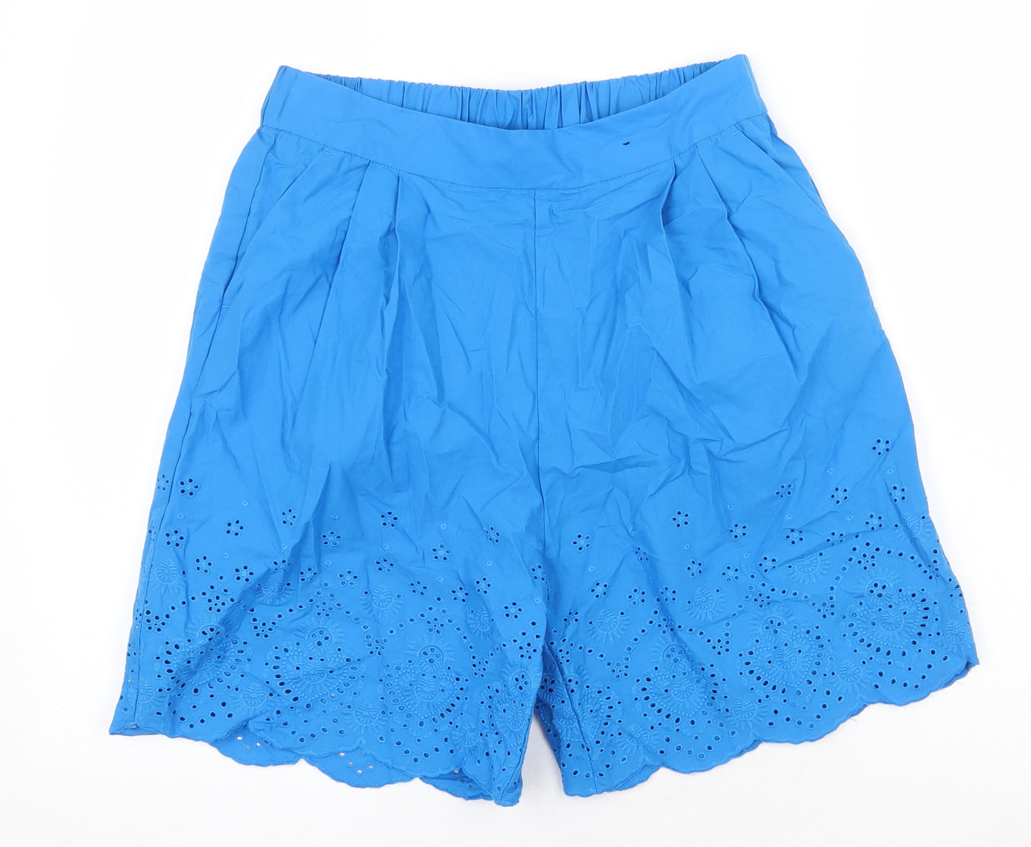 Marks and Spencer Womens Blue Viscose Culotte Shorts Size 10 Regular Pull On - Broderie Anglaise Details
