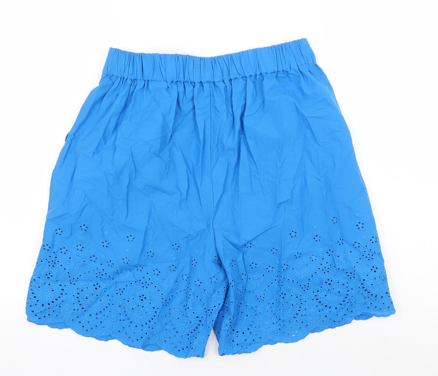 Marks and Spencer Womens Blue Viscose Culotte Shorts Size 10 Regular Pull On - Broderie Anglaise Details