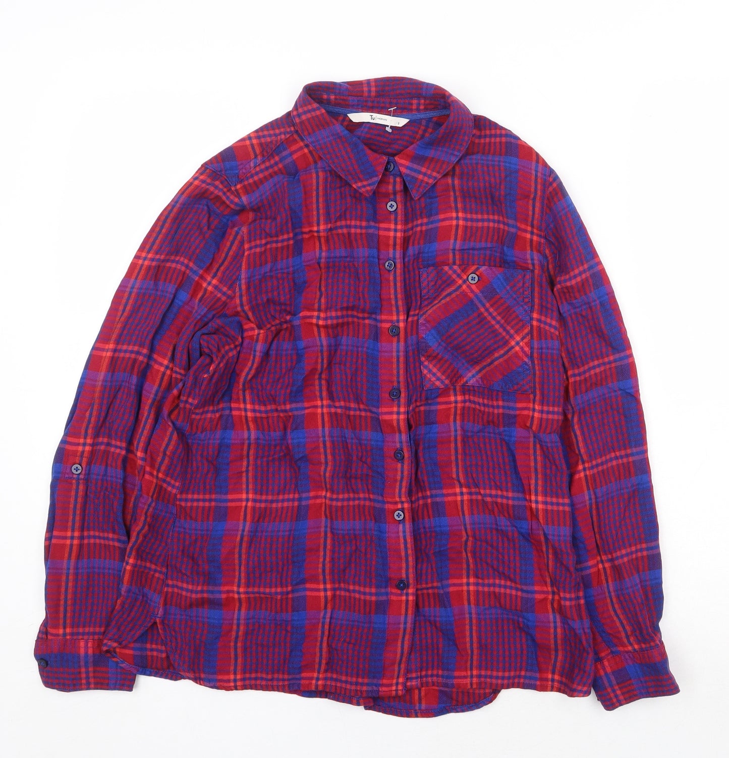 TU Womens Red Plaid Viscose Basic Button-Up Size 12 Collared