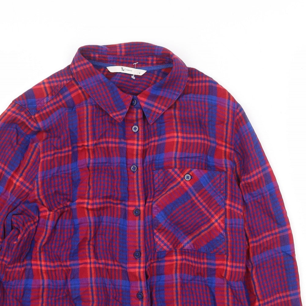 TU Womens Red Plaid Viscose Basic Button-Up Size 12 Collared